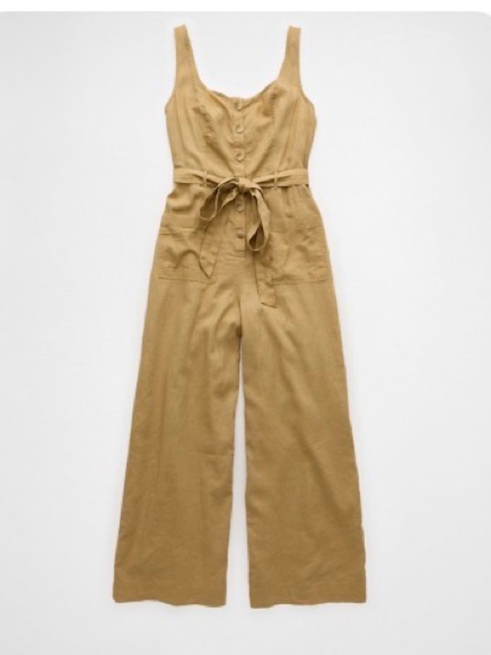 American Eagle Outfitters Tan Button-Front Jumpsuit with Tie Waist